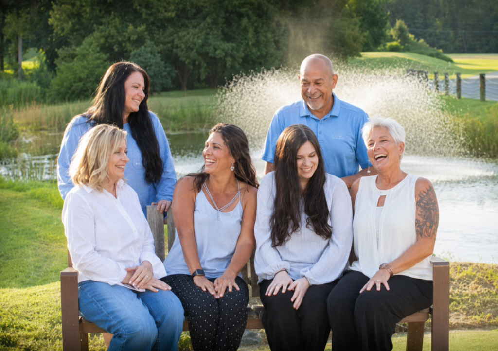 Six adults sit on a wooden bench by a pond, smiling and chatting on a sunny day with a fountain in the background.